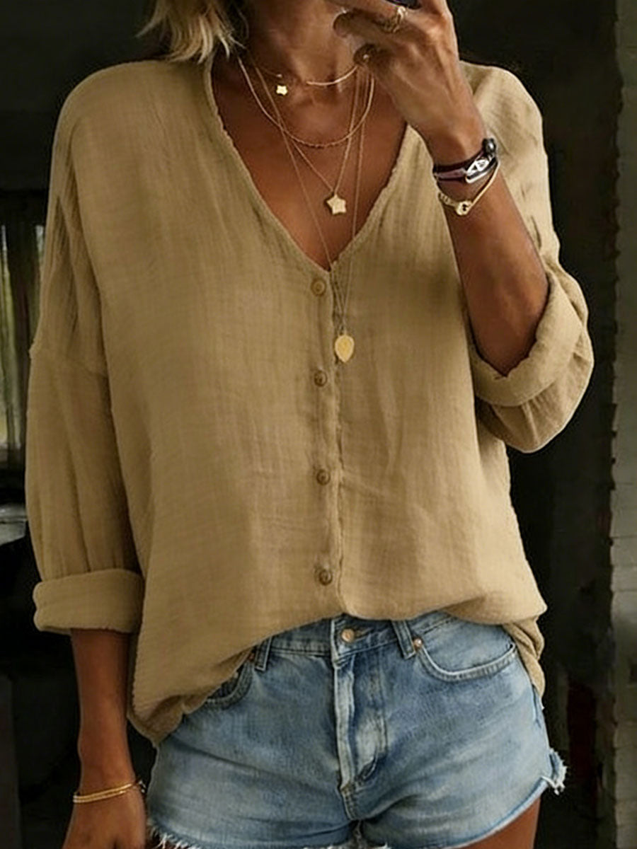 Reese | Cotton Linen Loose Solid Color Long-sleeved Shirt
