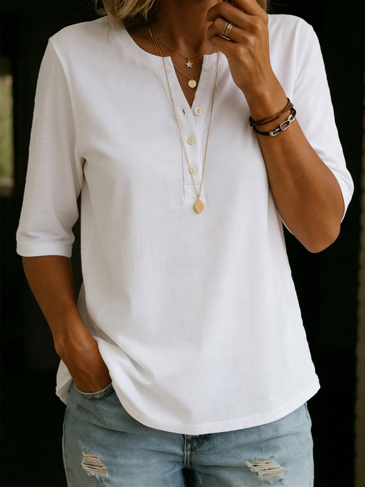Evelyn – Classic Henley Collar 100% Cotton T-shirt