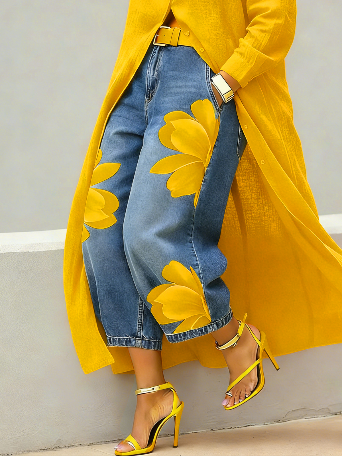 Casual Wide-Leg Floral Artistic-print Jeans