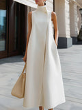 Hailey - Solid Color Stand Collar Sleeveless Casual Loose Cotton Linen Dress