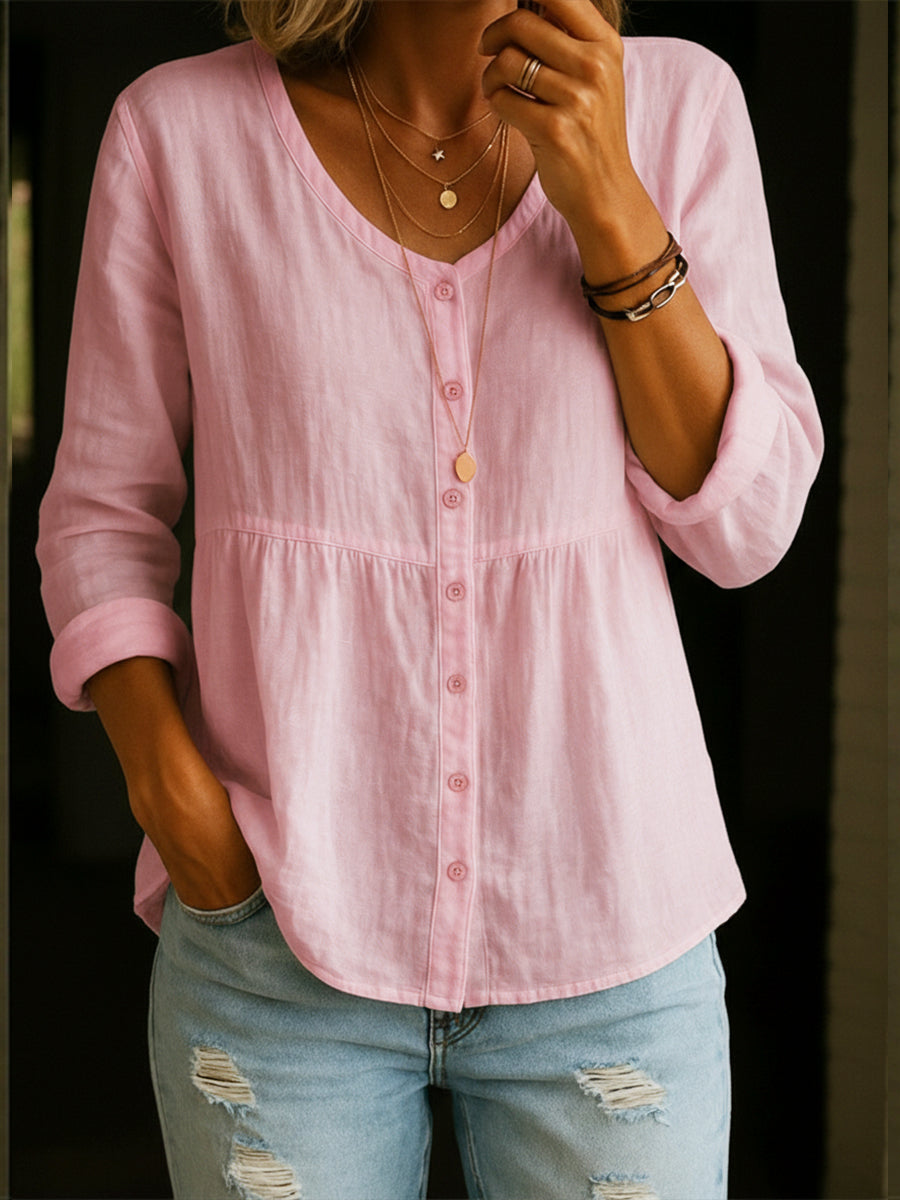 Lillian - Linen Cotton Blend Shirt - 3/4 Sleeve Crew Neck Loose Hip-Length Casual Blouse