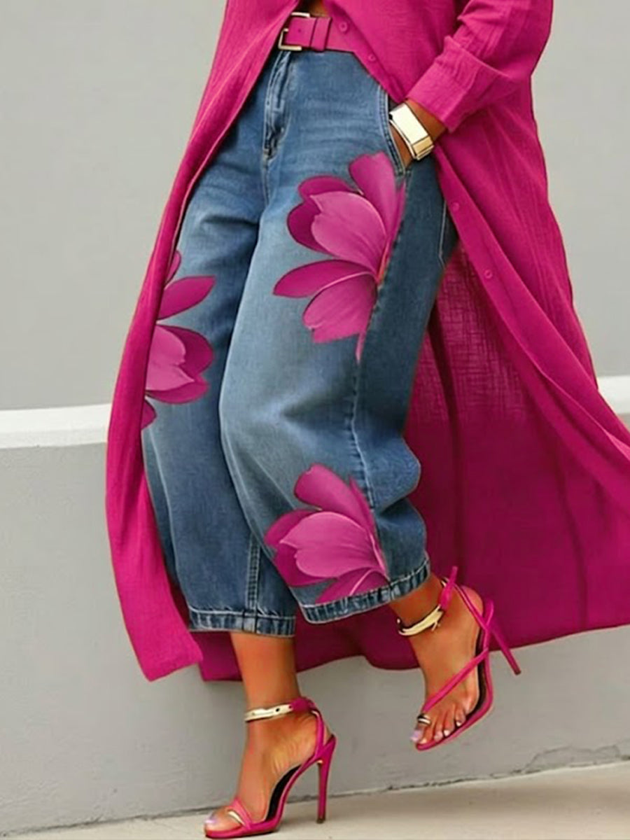 Casual Wide-Leg Floral Artistic-print Jeans