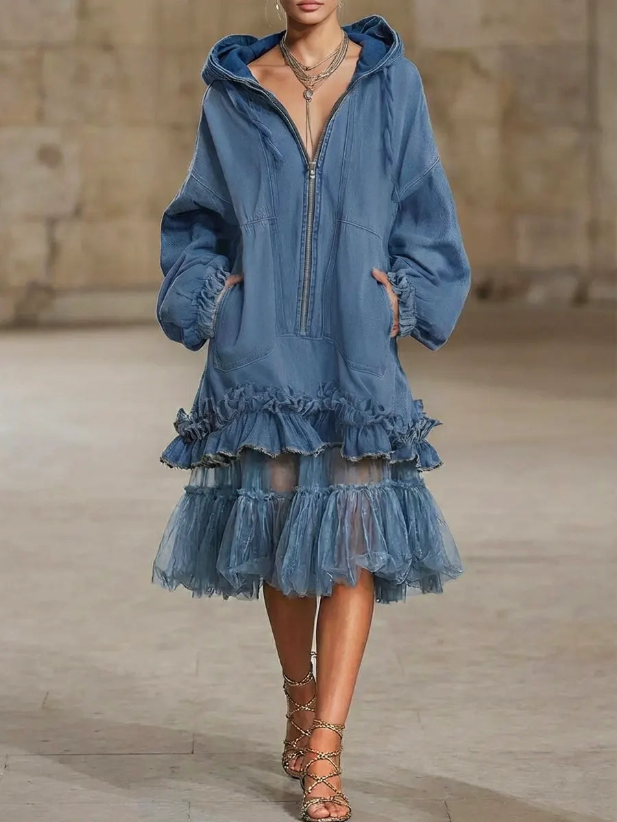Women's Retro Hooded Zip Up Long Sleeve Ruffled Denim Organza Patchwork Art Casual Maxi Dress