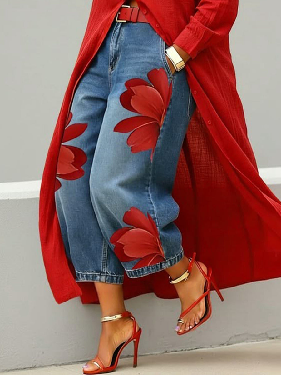 Casual Wide-Leg Floral Artistic-print Jeans
