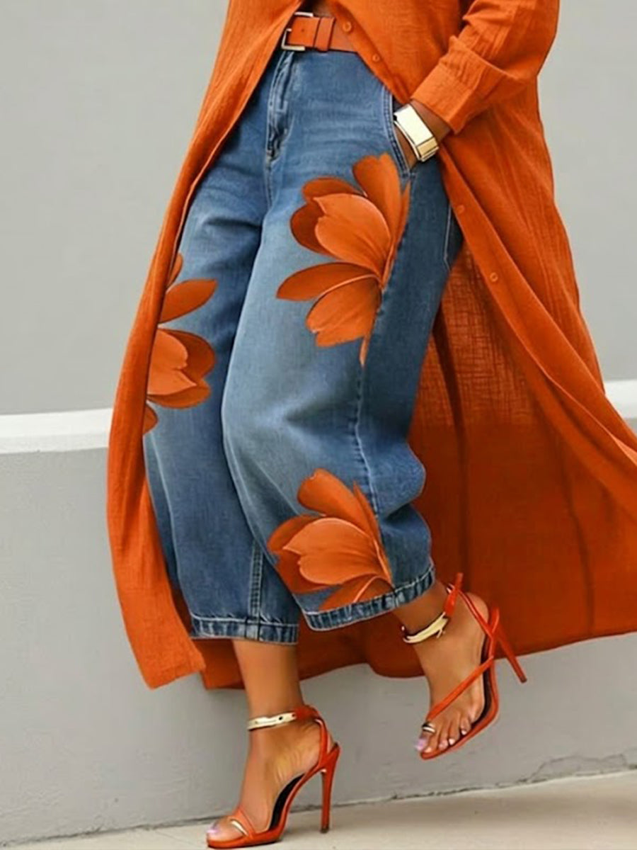 Casual Wide-Leg Floral Artistic-print Jeans