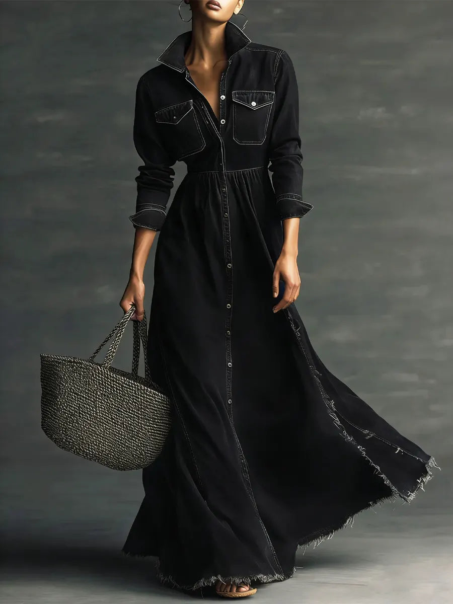 Women Long Sleeve Stylish Art Stand Collar Washed Denim Midi Dress