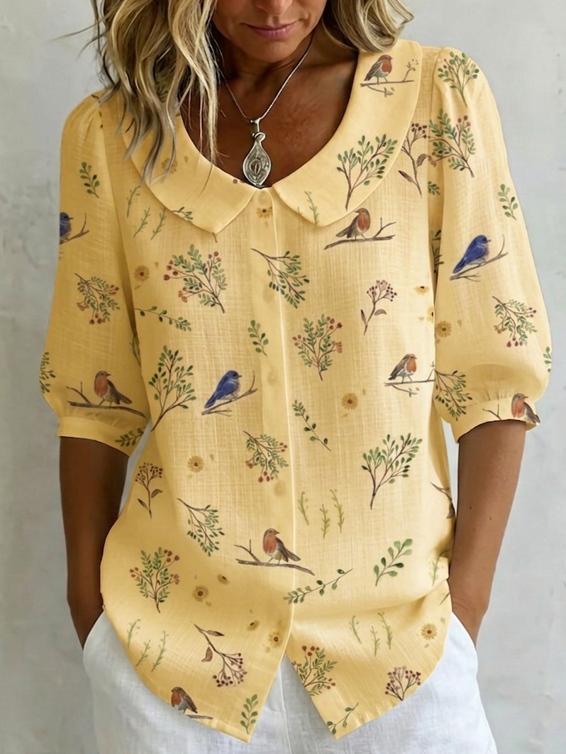Meera | "Forest Whispers" Peter Pan Collar Linen-Cotton Shirt