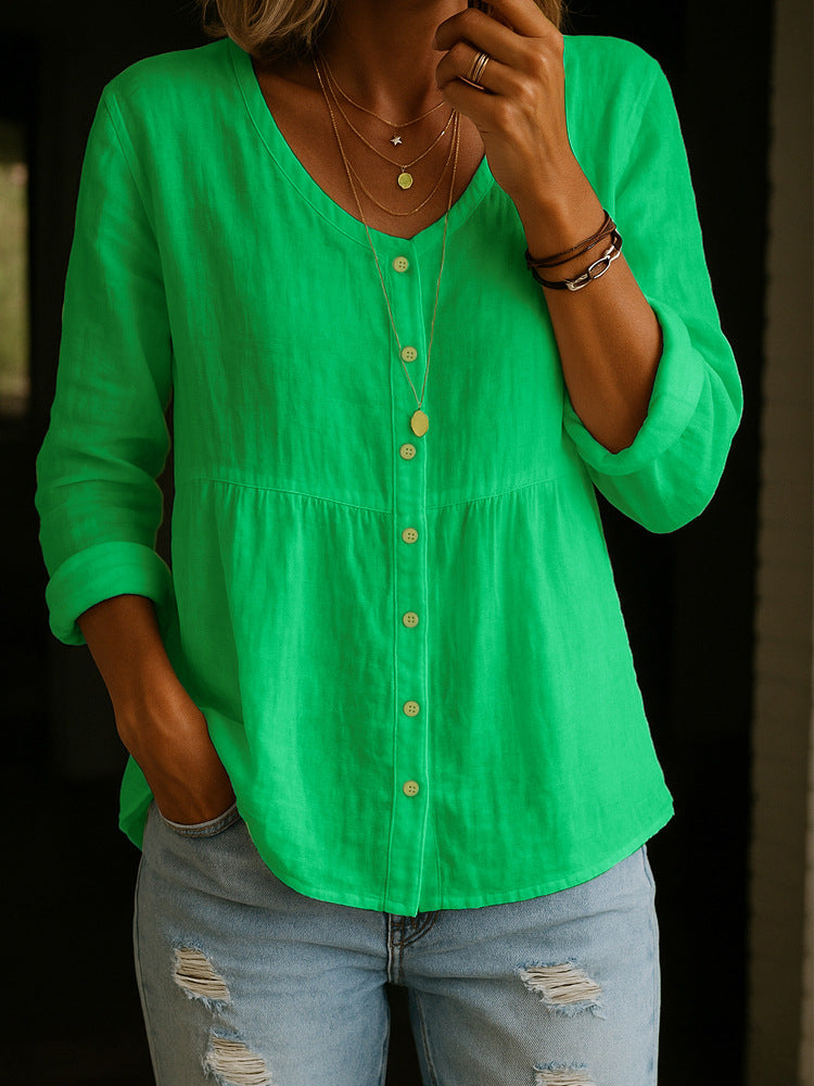 Esther - Linen Cotton Blend Shirt - 3/4 Sleeve Crew Neck Loose Hip-Length Casual Blouse