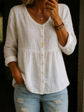 Lillian - Linen Cotton Blend Shirt - 3/4 Sleeve Crew Neck Loose Hip-Length Casual Blouse