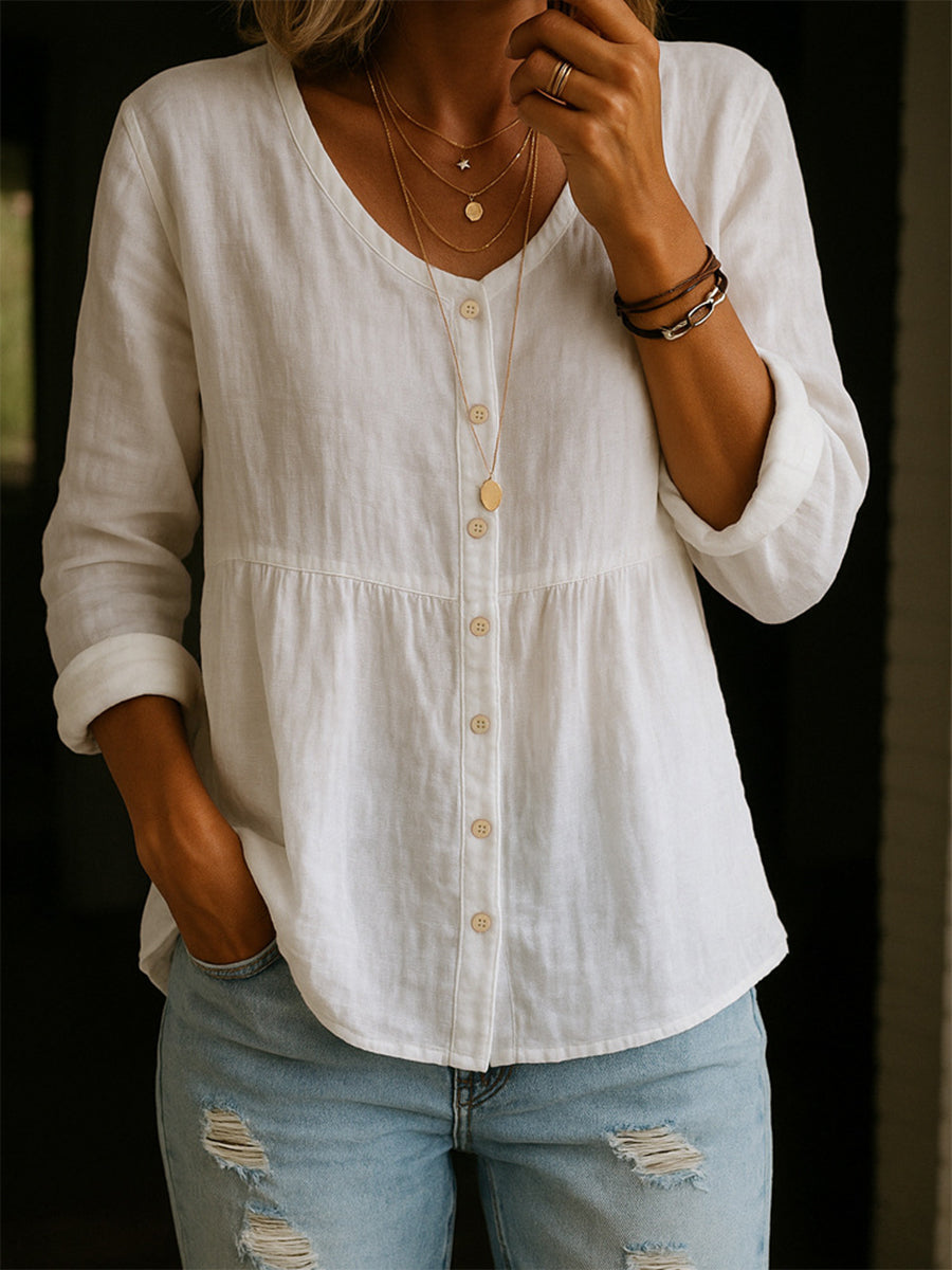 Lillian |  Linen Cotton Blend Shirt - 3/4 Sleeve Crew Neck Loose Hip-Length Casual Blouse
