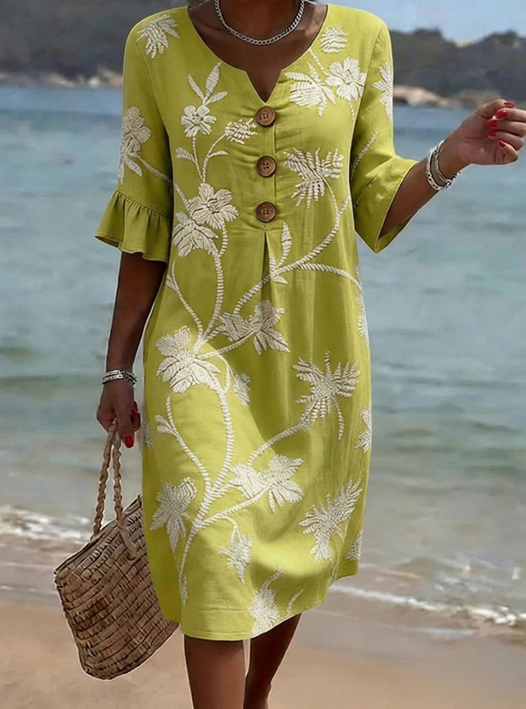 Eloise - 3/4 Sleeve V-Neck Floral Print Casual Cotton-Linen Dress