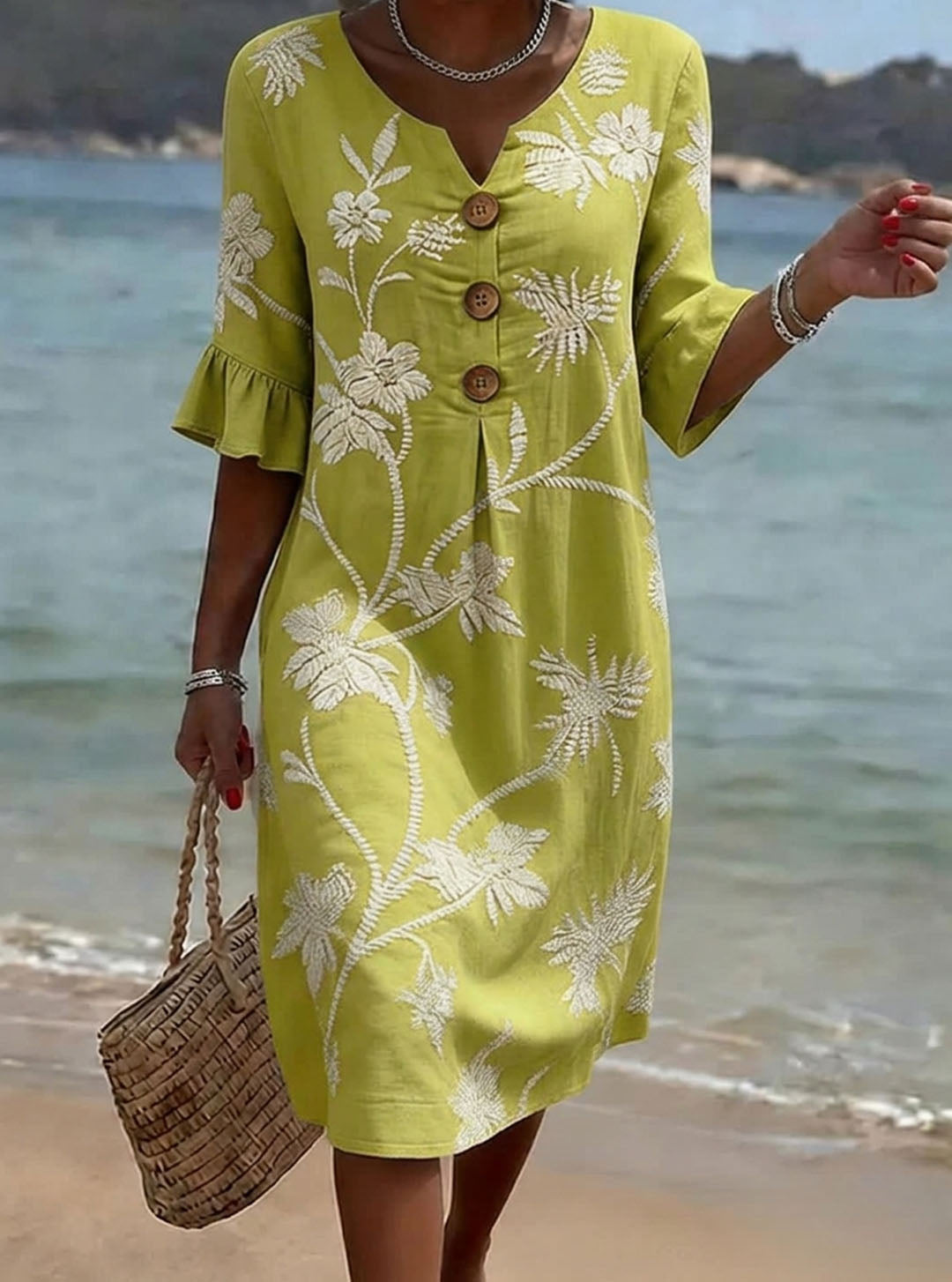 Eloise - 3/4 Sleeve V-Neck Floral Print Casual Cotton-Linen Dress