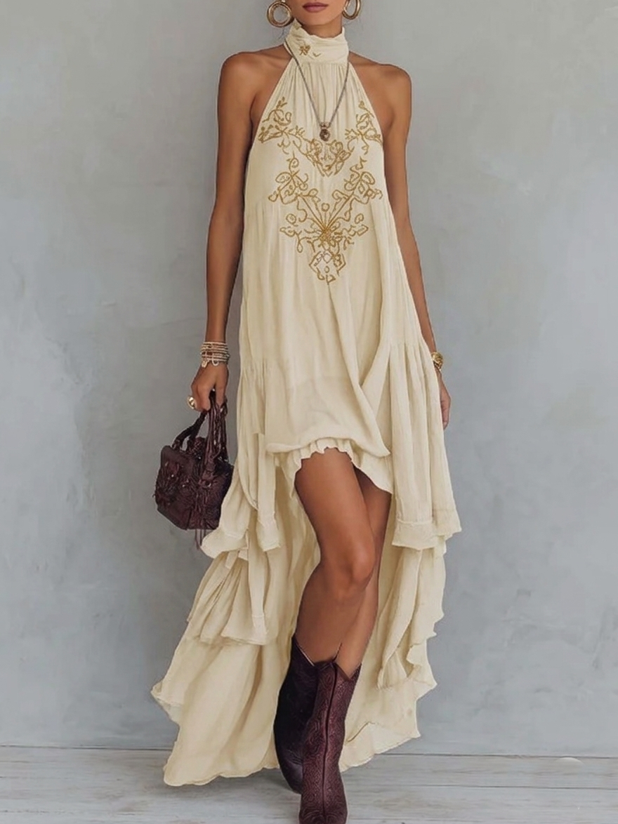 Emma - Retro Halter Neck Irregular Ruffle Maxi Dress