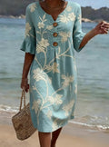 Eloise - 3/4 Sleeve V-Neck Floral Print Casual Cotton-Linen Dress
