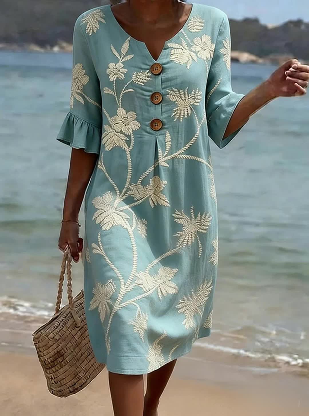 Eloise - 3/4 Sleeve V-Neck Floral Print Casual Cotton-Linen Dress