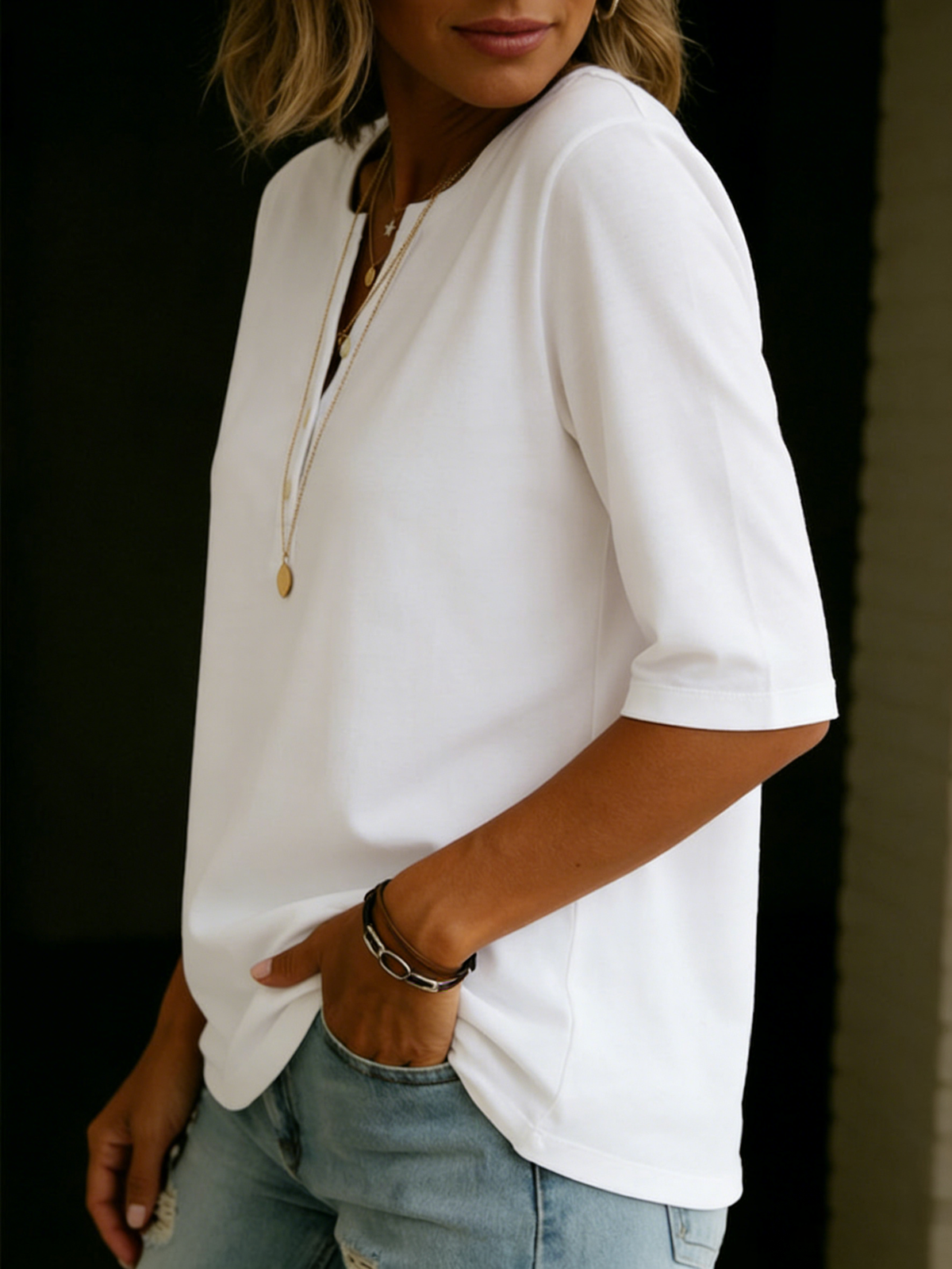 Evelyn – Classic Henley Collar 100% Cotton T-shirt