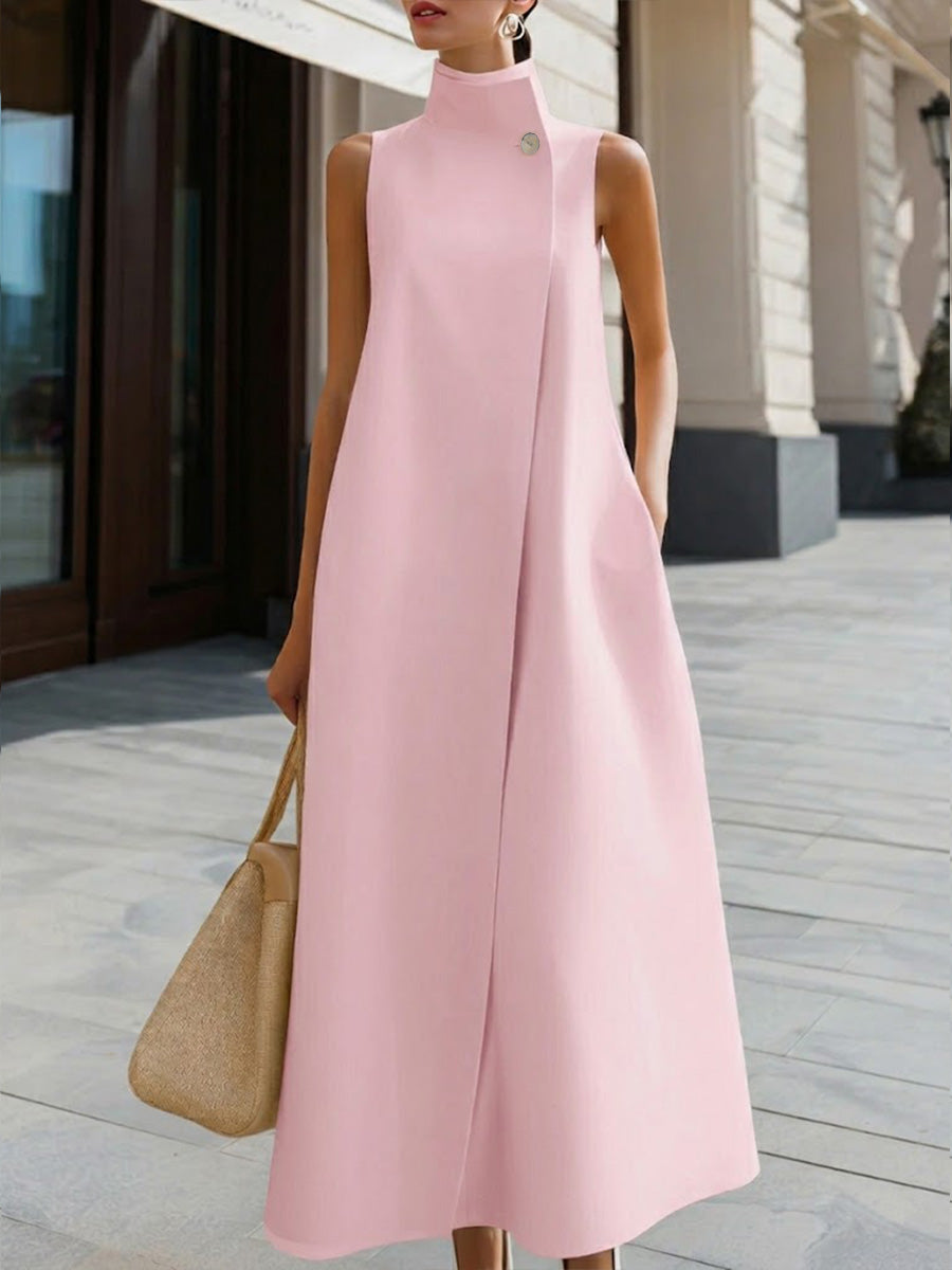 Kayla | Solid Color Stand Collar Sleeveless Casual Loose Cotton Linen Dress