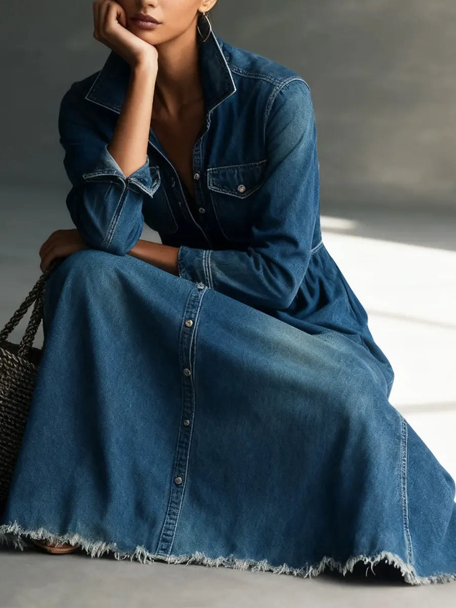 Aurora - Stylish Art Stand Collar Washed Denim Midi Dress
