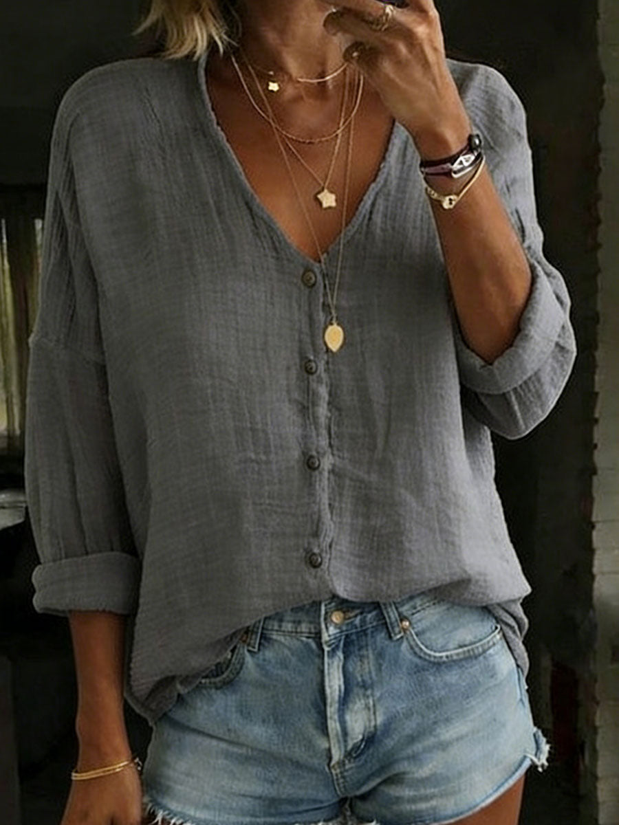 Reese | Cotton Linen Loose Solid Color Long-sleeved Shirt