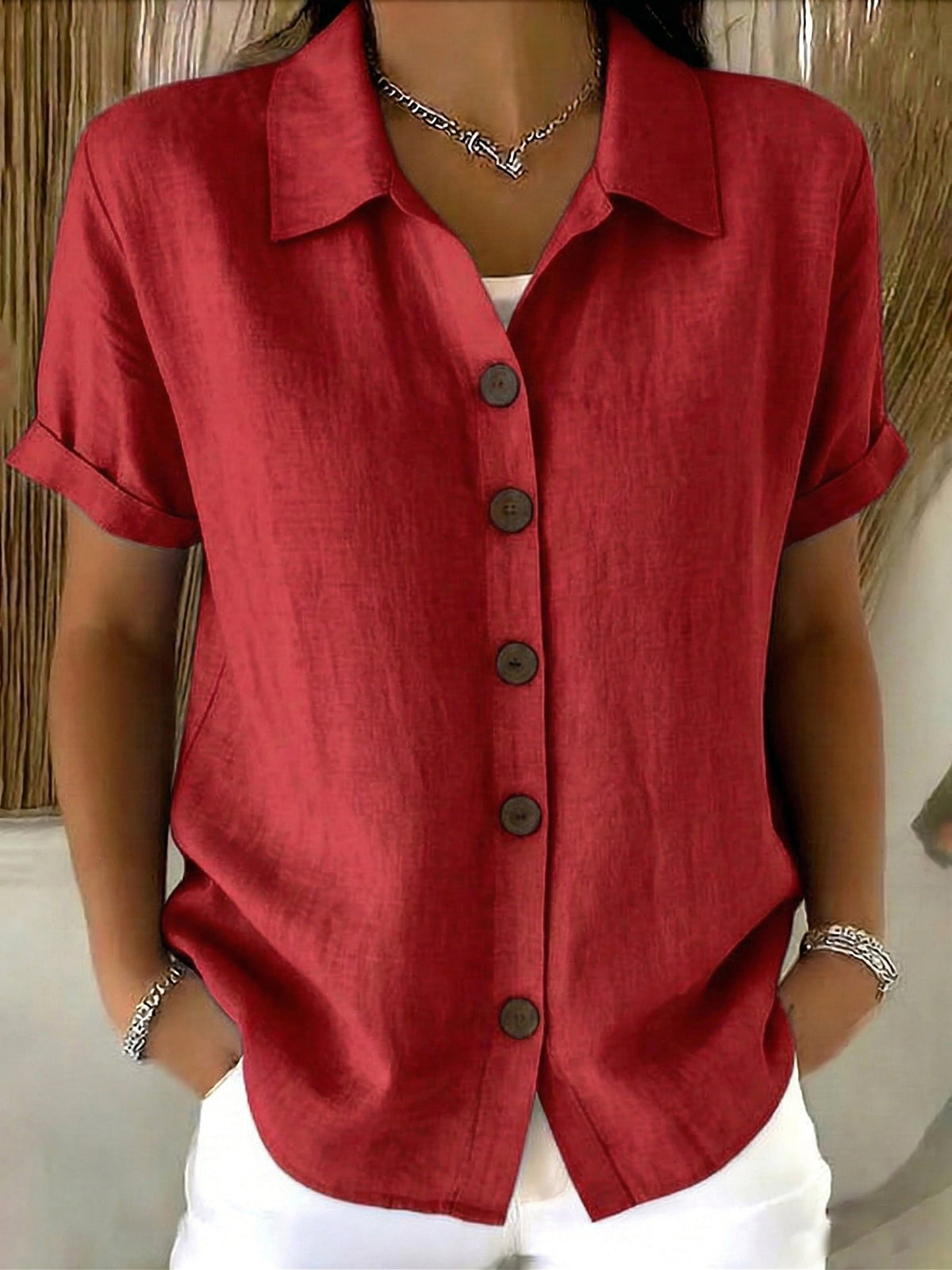 Zuri | Linen Cotton Cozy Basic Button-Up Shirt – Casual Short Sleeve Summer Blouse