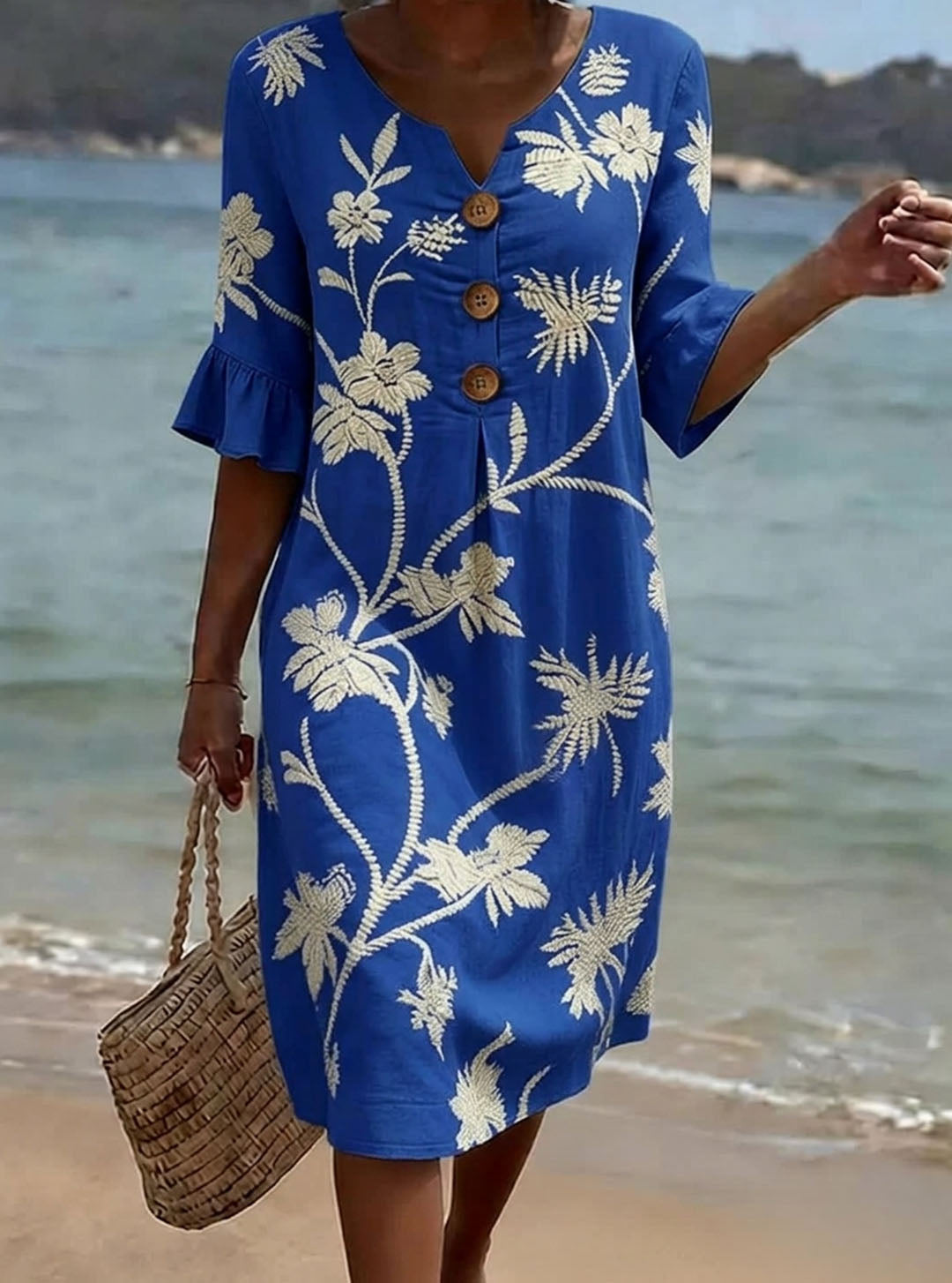 Eloise - 3/4 Sleeve V-Neck Floral Print Casual Cotton-Linen Dress