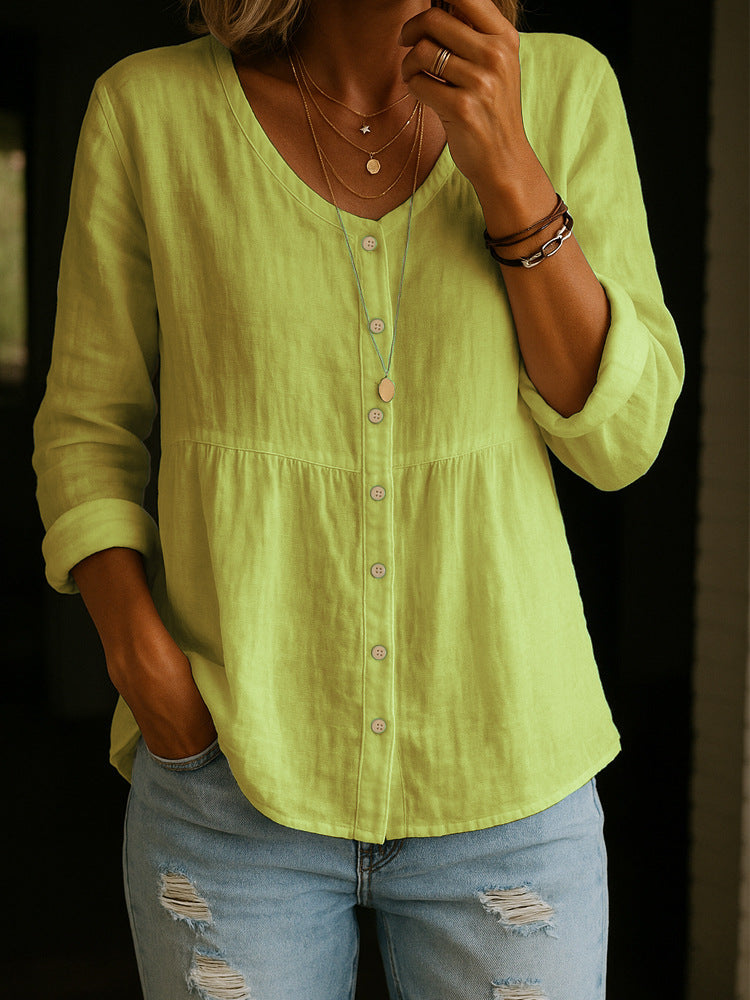 Lillian |  Linen Cotton Blend Shirt - 3/4 Sleeve Crew Neck Loose Hip-Length Casual Blouse