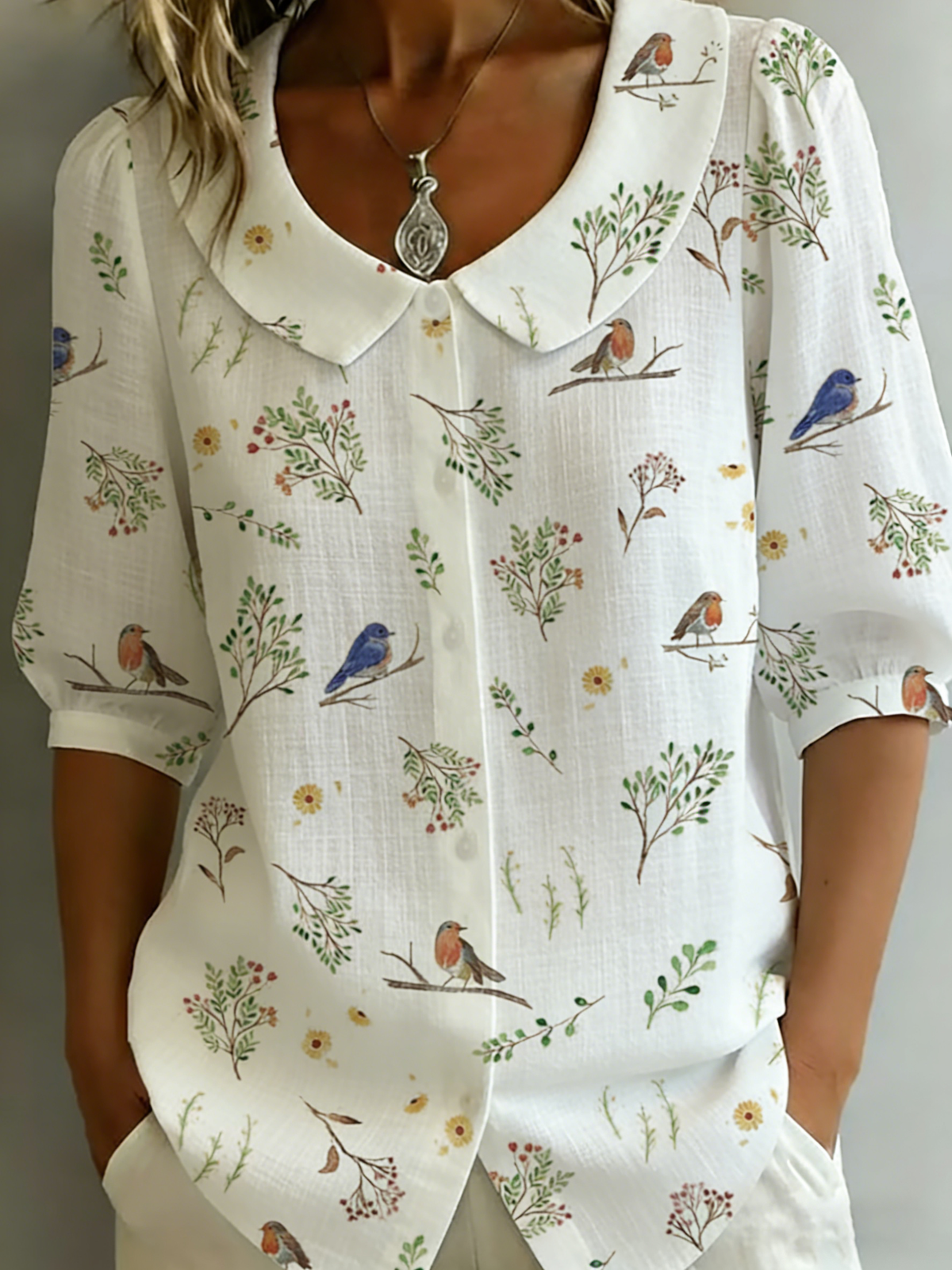 Amira | "Forest Whispers" Peter Pan Collar Linen-Cotton Shirt