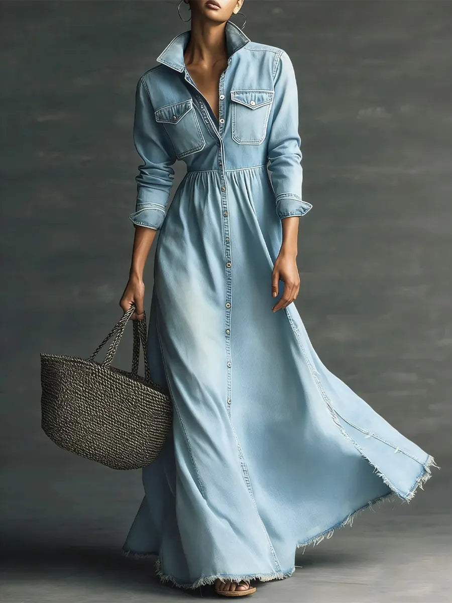 Women Long Sleeve Stylish Art Stand Collar Washed Denim Midi Dress