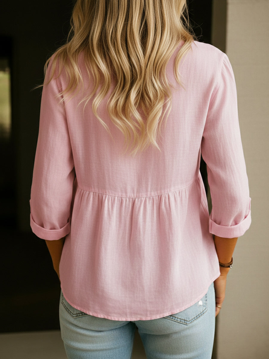 Lillian |  Linen Cotton Blend Shirt - 3/4 Sleeve Crew Neck Loose Hip-Length Casual Blouse