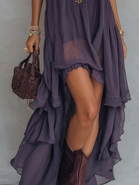 Emma - Retro Halter Neck Irregular Ruffle Maxi Dress
