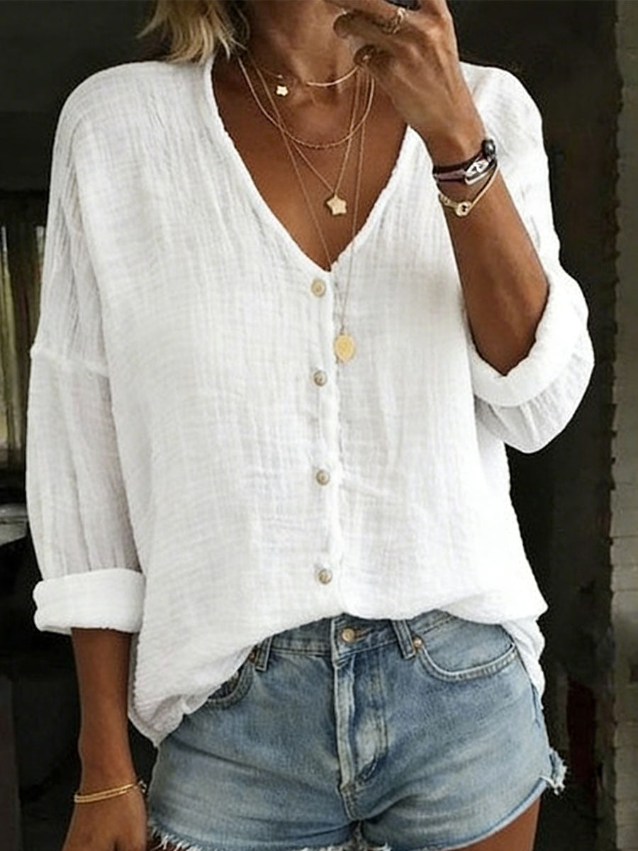 Blair - Cotton Linen Loose Solid Color Long-sleeved Shirt