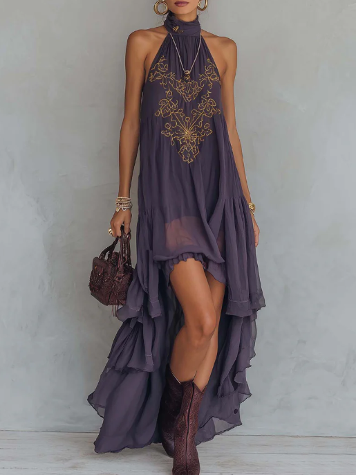Sarah - Retro Halter Neck Irregular Ruffle Maxi Dress