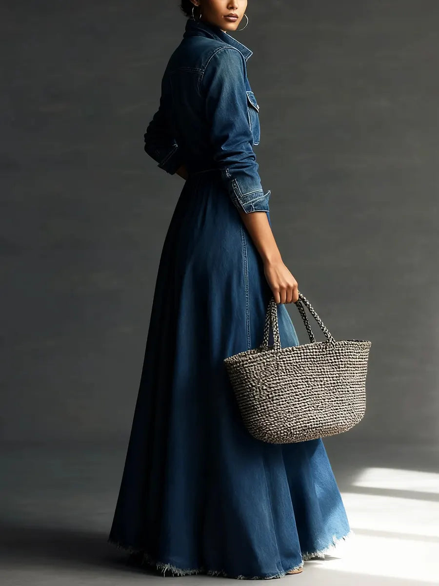 Women Long Sleeve Stylish Art Stand Collar Washed Denim Midi Dress