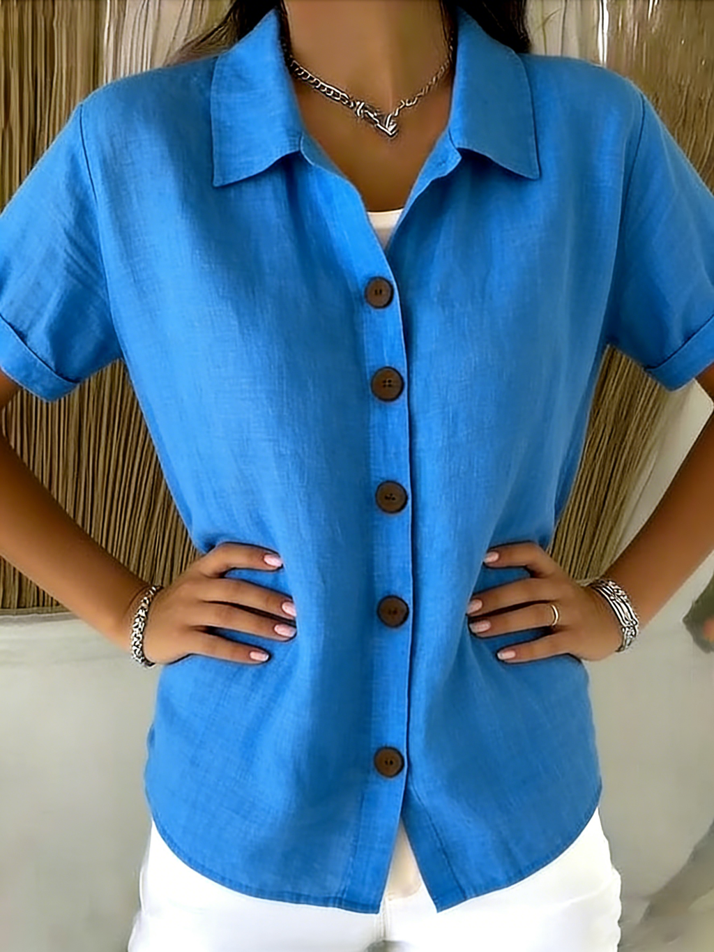 Zuri - Linen Cotton Cozy Basic Button-Up Shirt – Casual Short Sleeve Summer Blouse