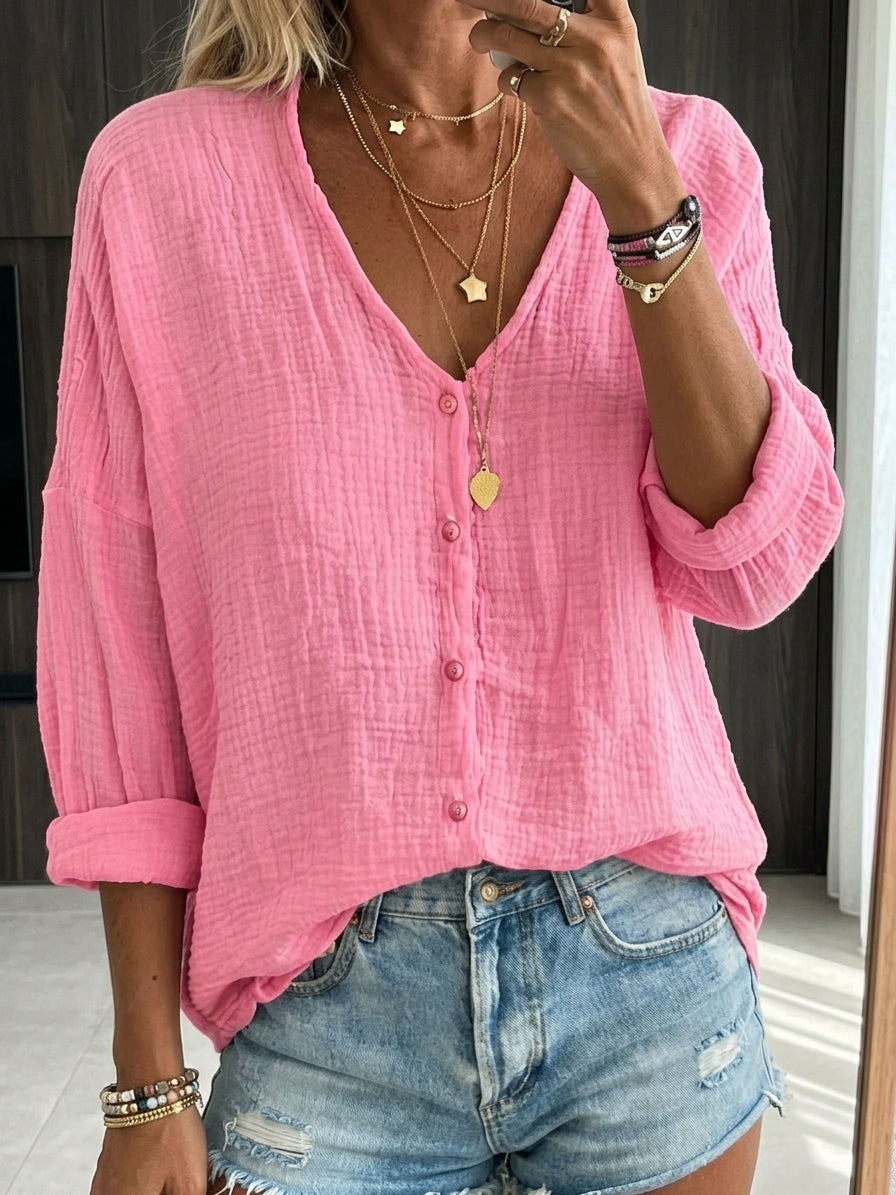 Blair - Cotton Linen Loose Solid Color Long-sleeved Shirt