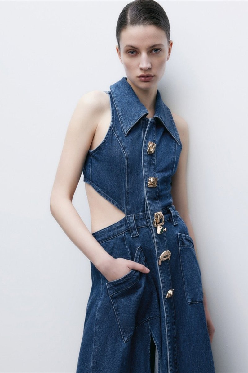 Regina Lapel Collar Cut-out Denim Mini-Length Dress