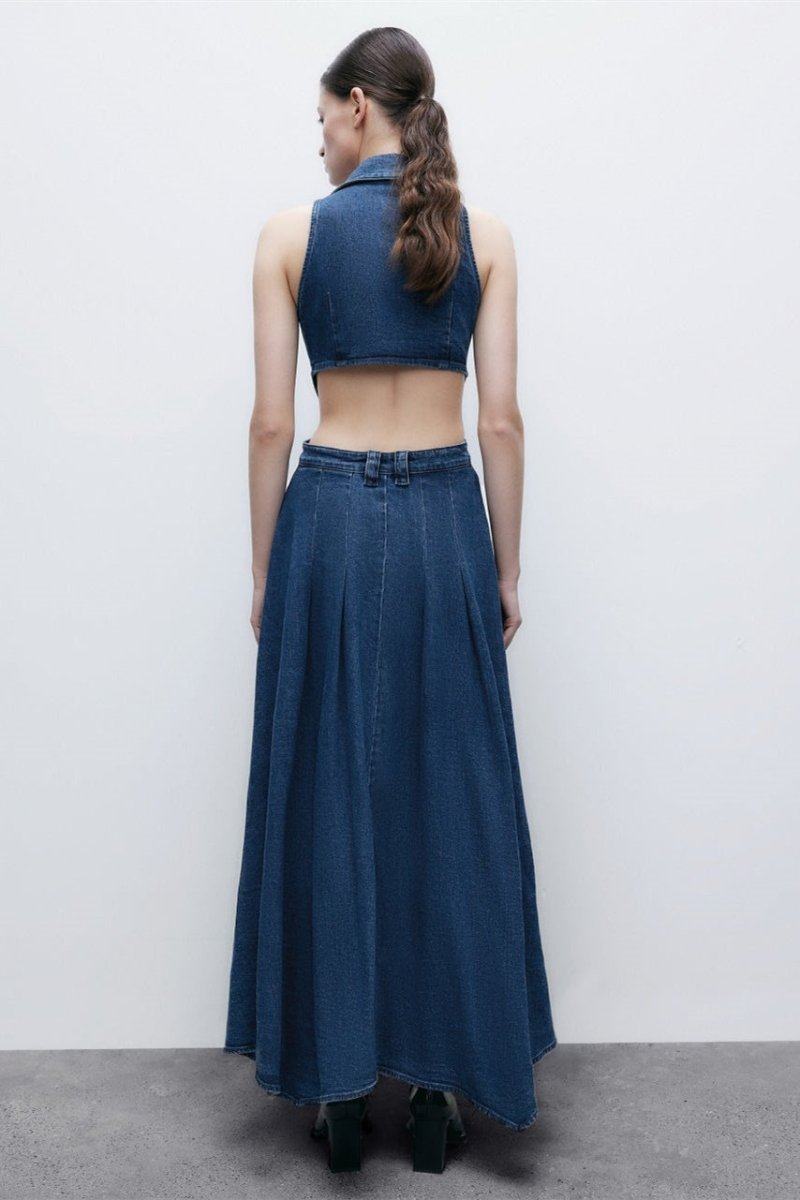 Regina Lapel Collar Cut-out Denim Mini-Length Dress