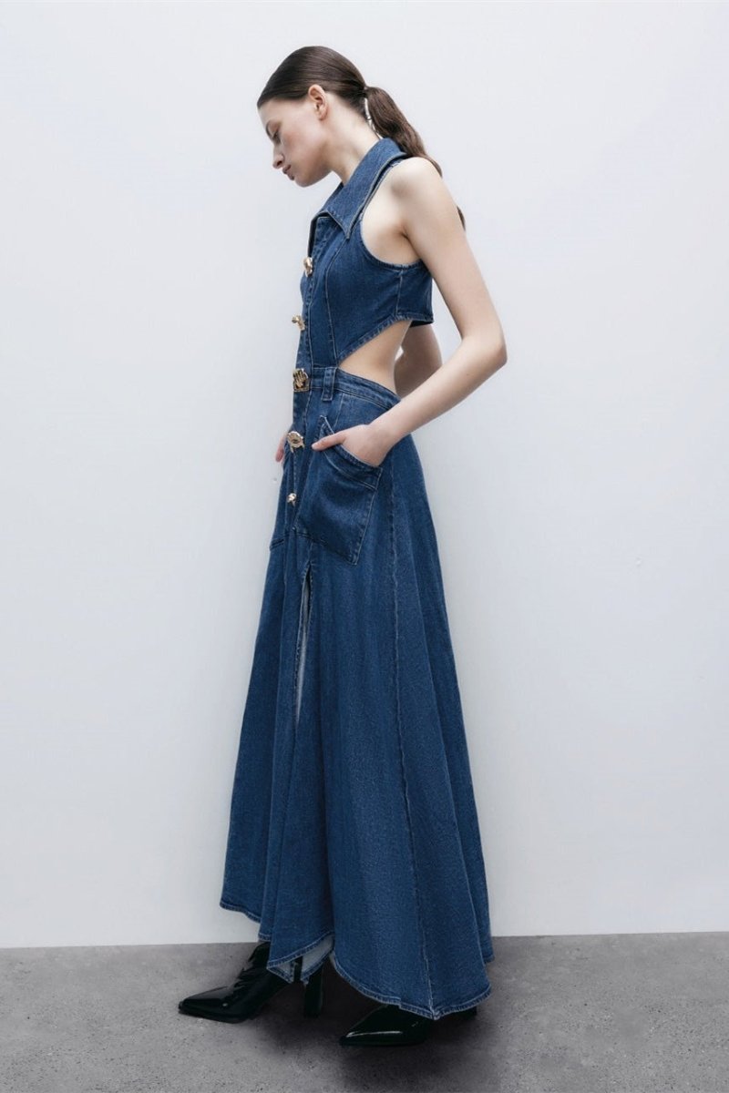 Regina Lapel Collar Cut-out Denim Mini-Length Dress