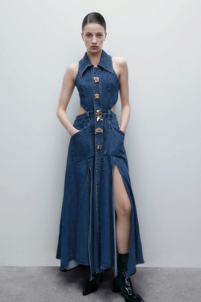 Regina Lapel Collar Cut-out Denim Mini-Length Dress