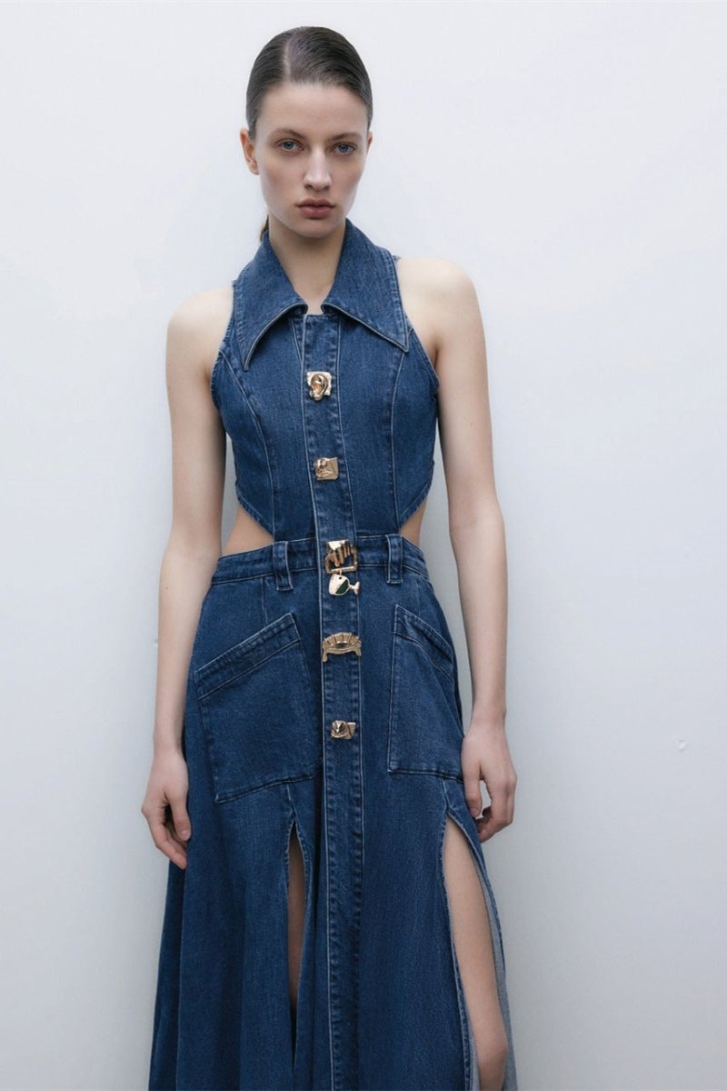 Regina Lapel Collar Cut-out Denim Mini-Length Dress