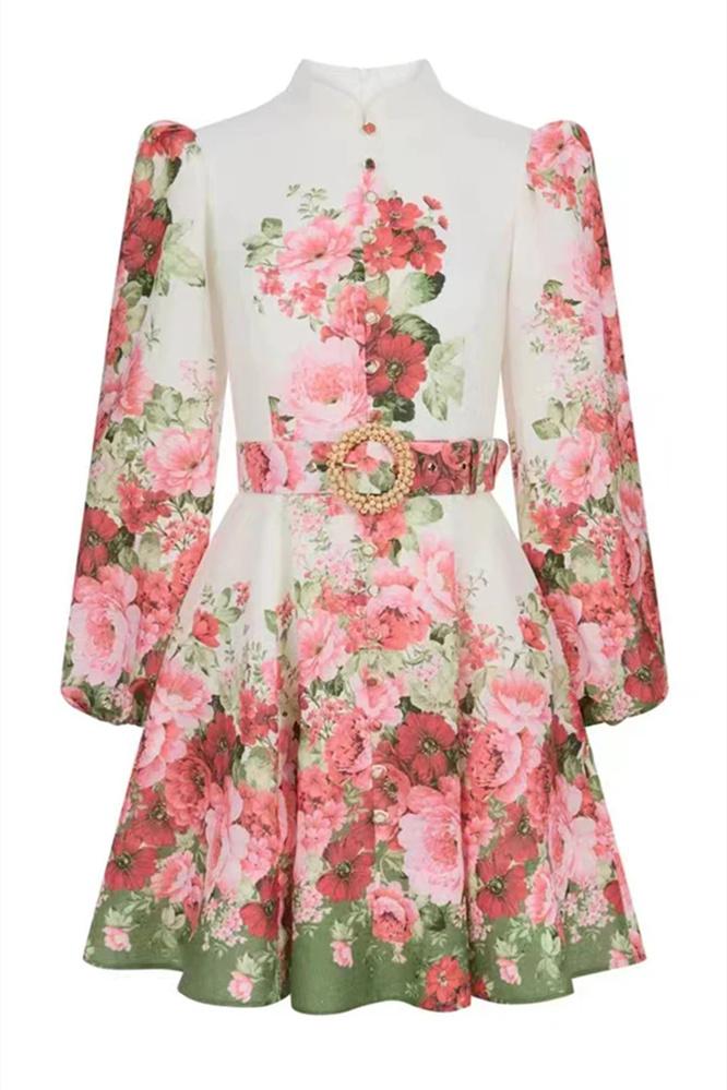 Renata Flower Patterned Balloon Sleeves Mini-Length Dress