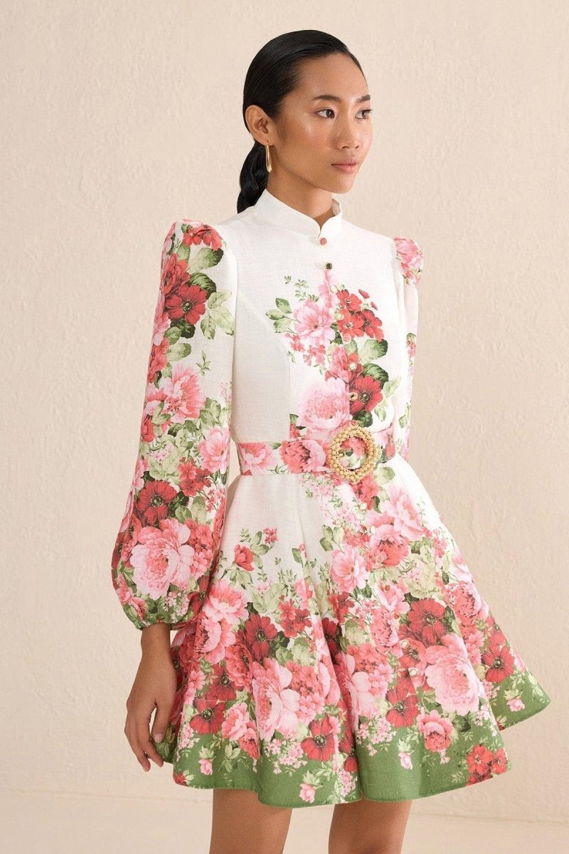 Renata Flower Patterned Balloon Sleeves Mini-Length Dress