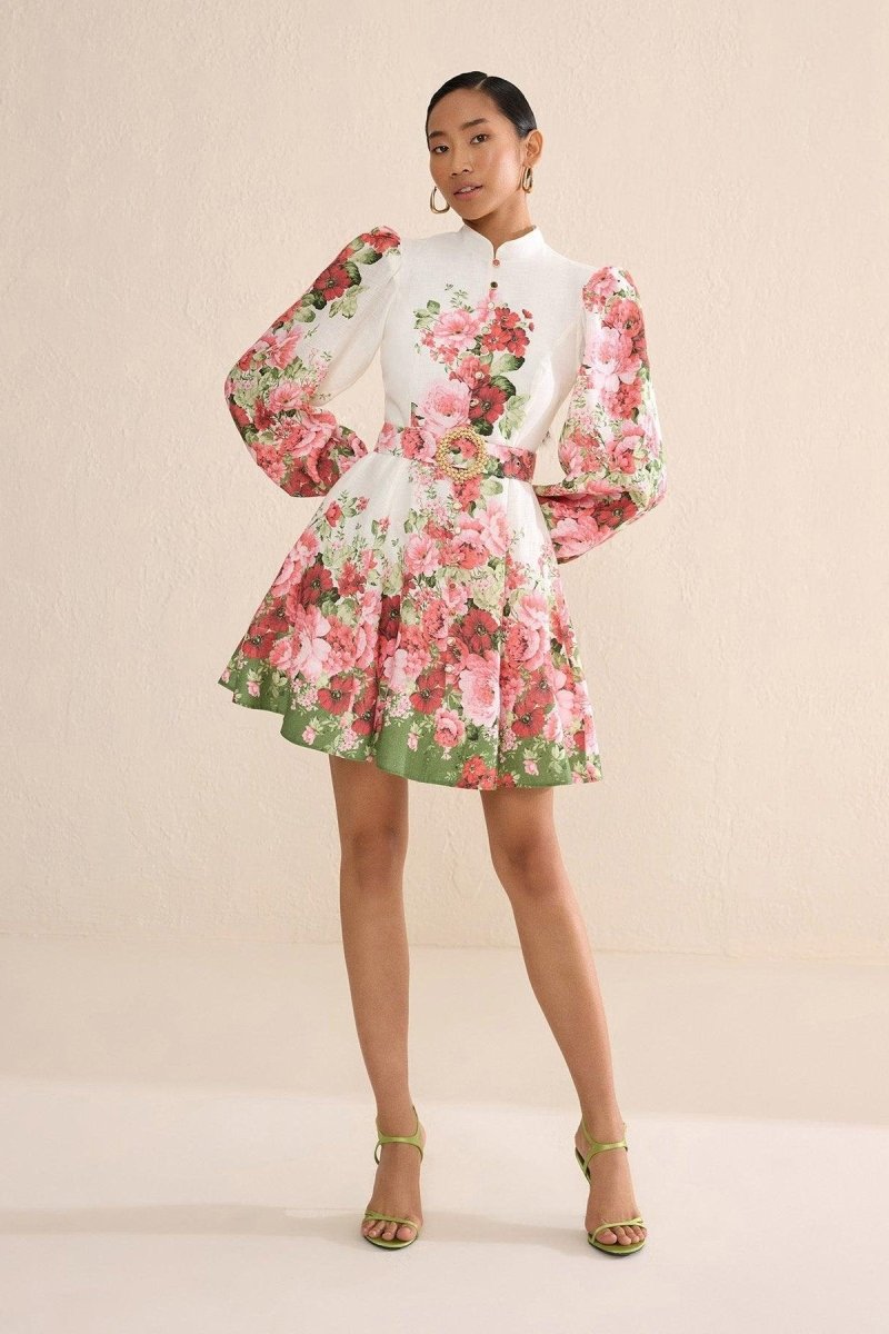 Renata Flower Patterned Balloon Sleeves Mini-Length Dress