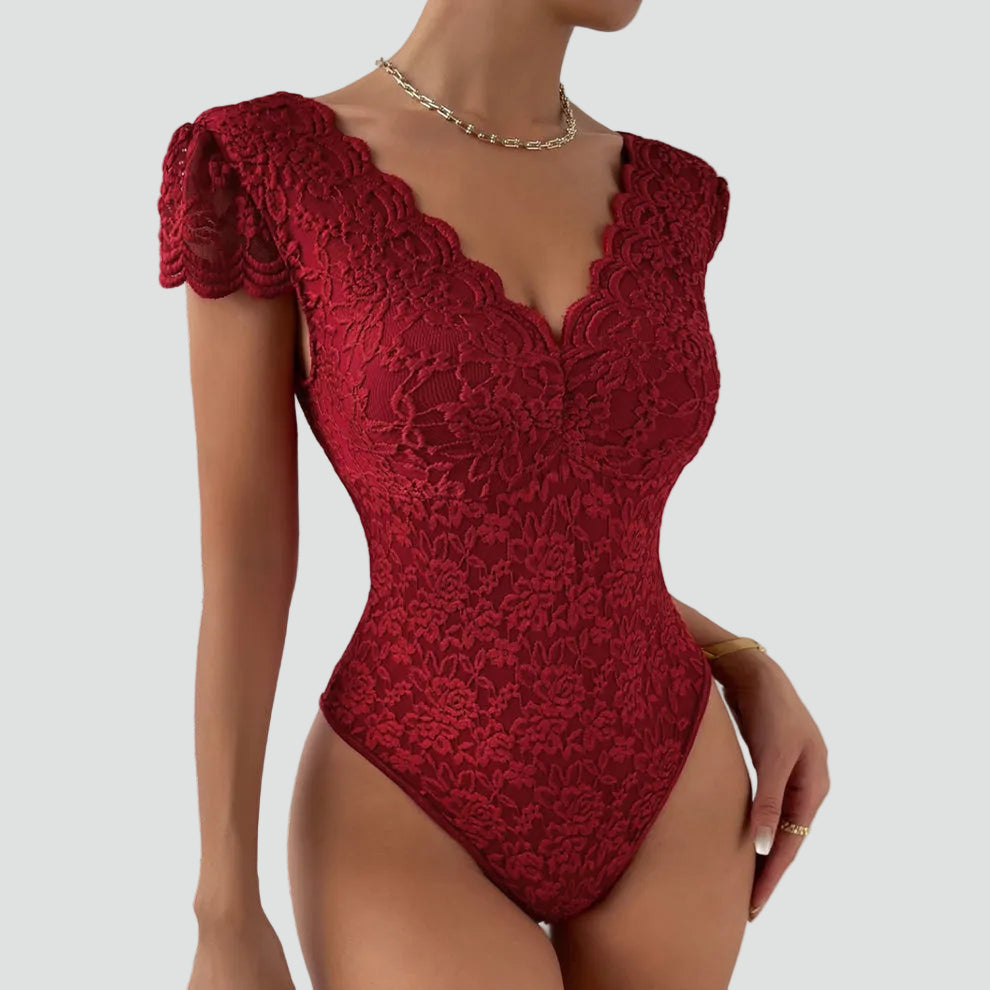 Women’s Floral Lace Bodysuit with Scalloped V-Neck – Fitted Short-Sleeved Style for Day and Evening Outfits