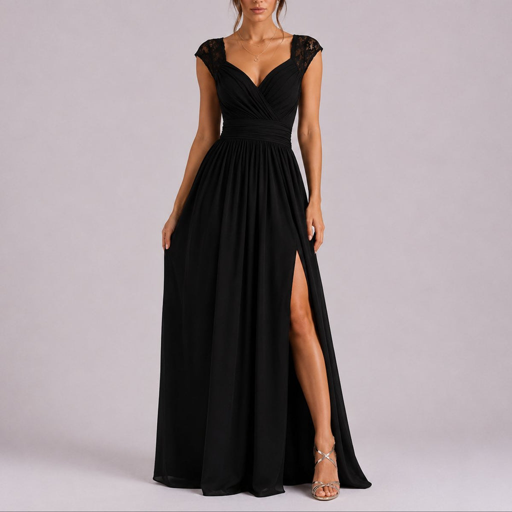 Romina - Women's Lace-Shoulder Wrap Dress with Side Slit