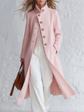 Rosemary - Women's Pink Stand-Collar Wool-Blend Coat with Single-Breasted Buttons