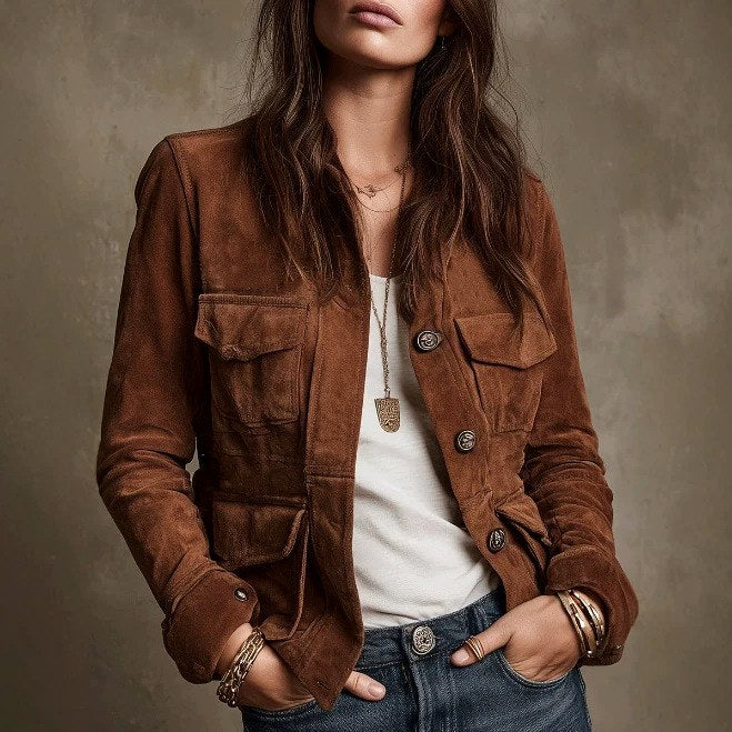 Sadie - Women's Faux Suede Multi-Pocket Utility Jacket