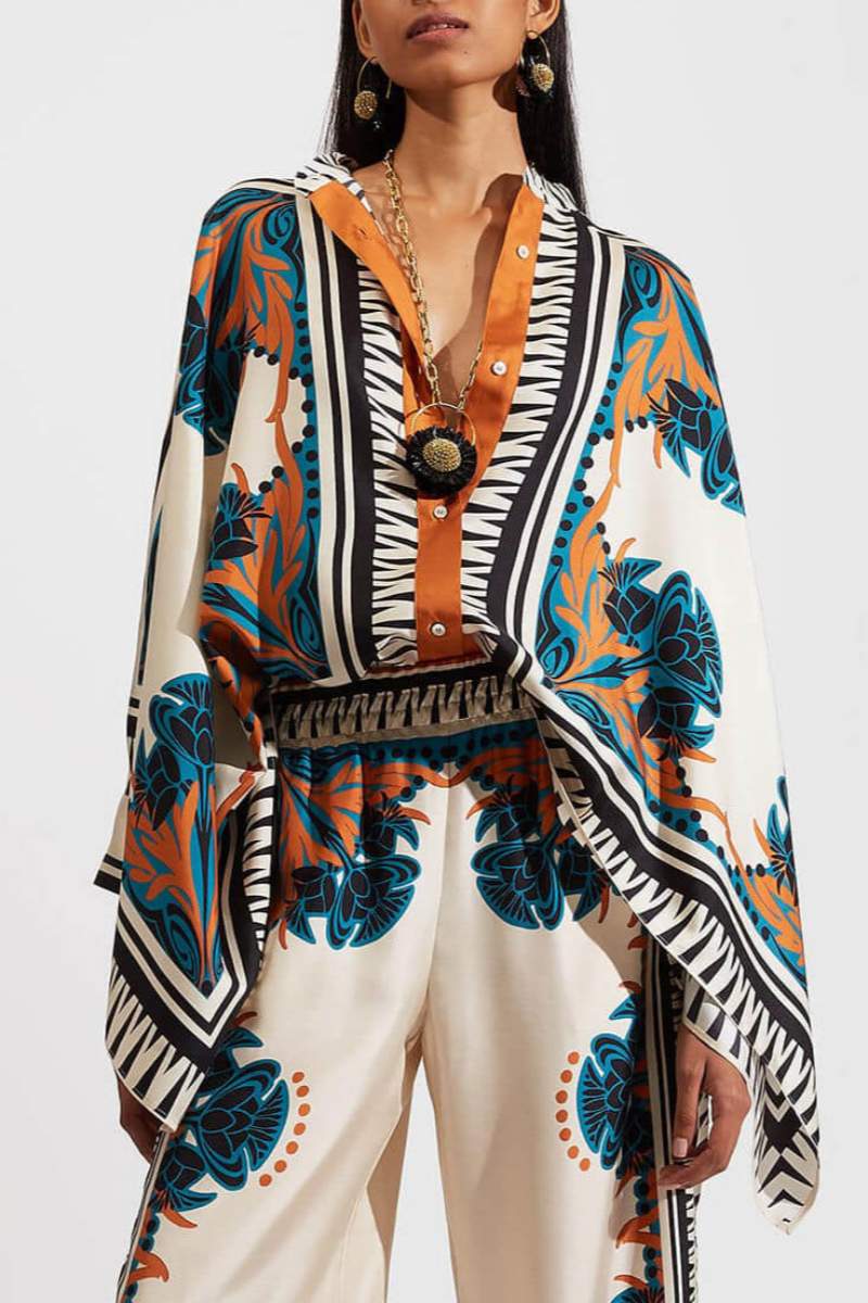 Fine Satin Flower Print Batwing Sleeve Trousers Set Orange