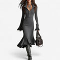 Women's Long Sleeve Zip Neck Mermaid Midi Dress
