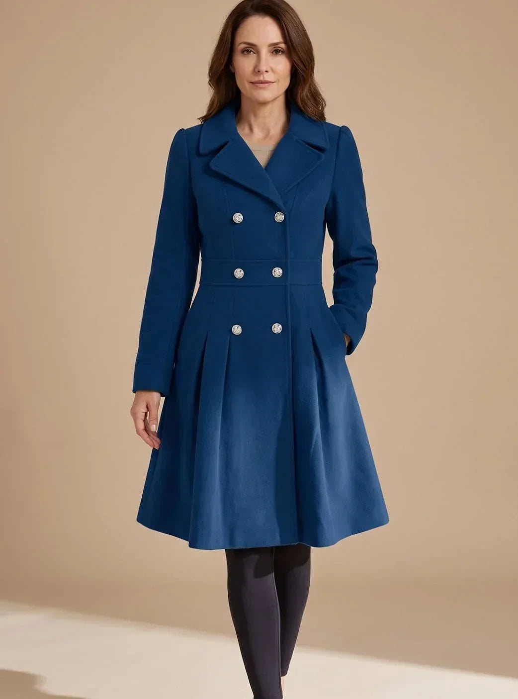 Theodora - Women's Double-Breasted A-Line Coat with Notch Lapels